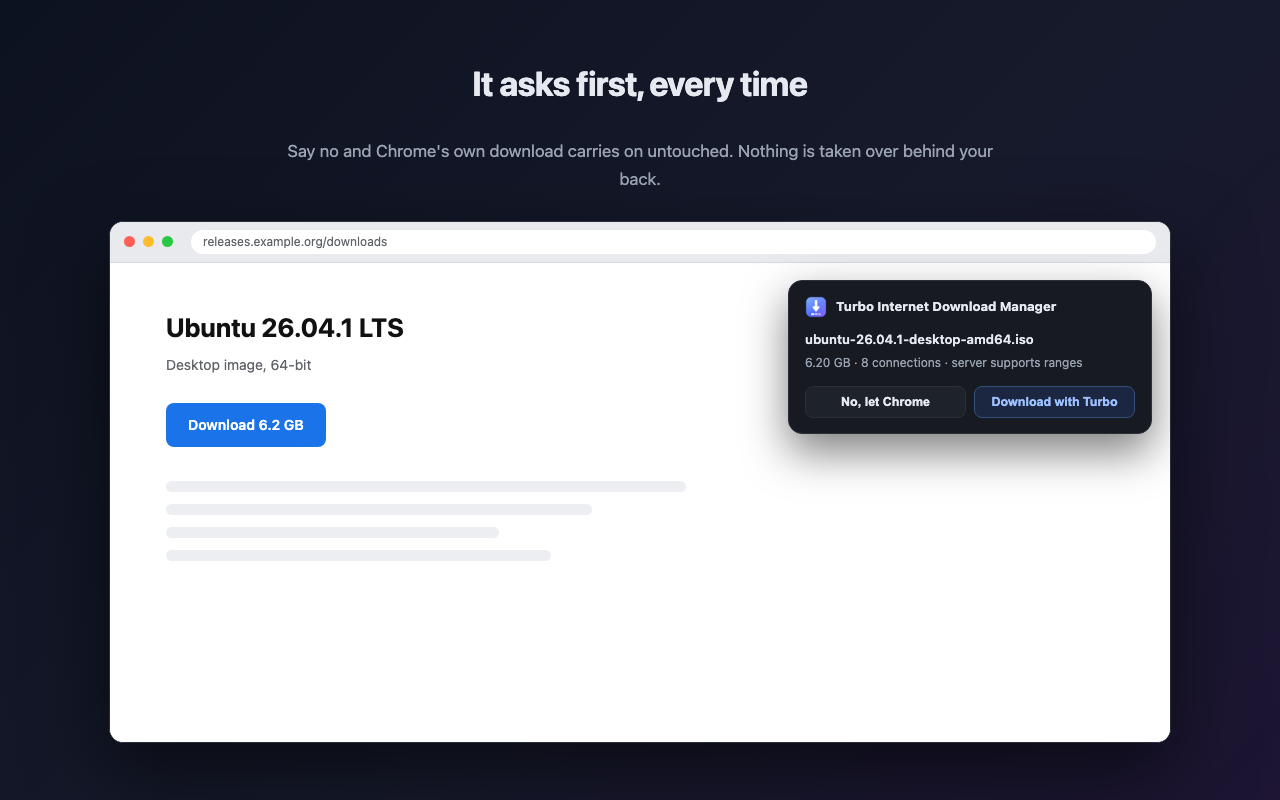 The in-page card asking whether Turbo Internet Download Manager or Chrome should handle the download.